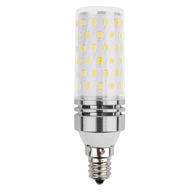 E14 screw cap LED corn light bulb with 60 beads, showing tricolour light options: warm, neutral, and white.