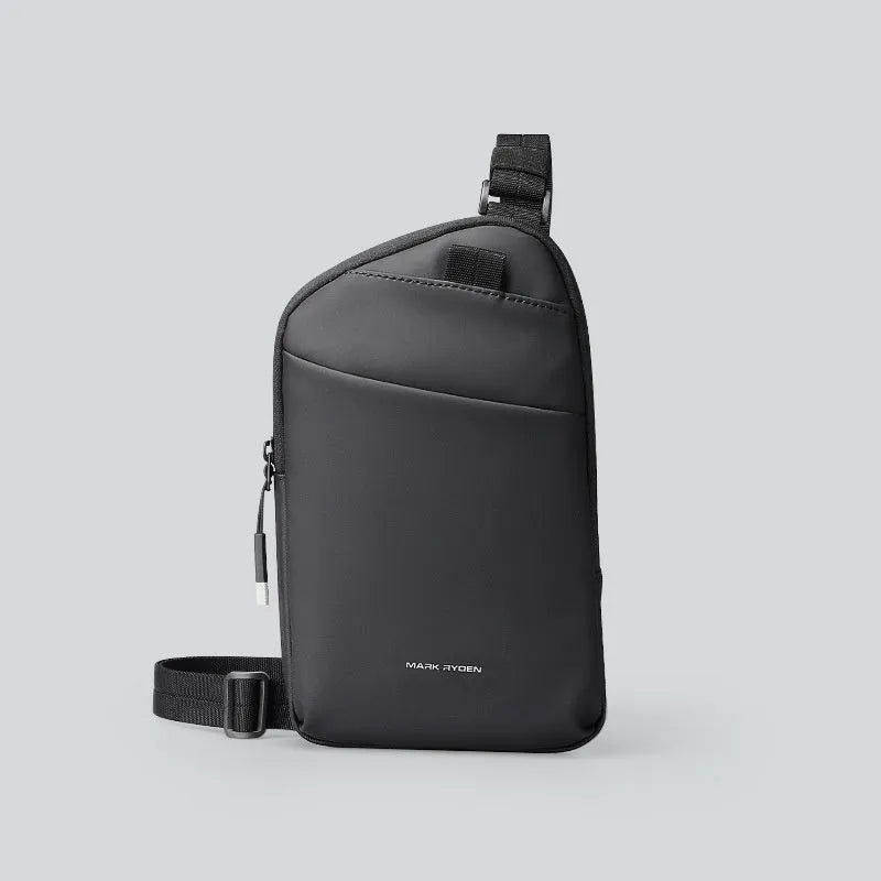 Men's black Oxford cloth crossbody bag showing sewing thread details and simple design