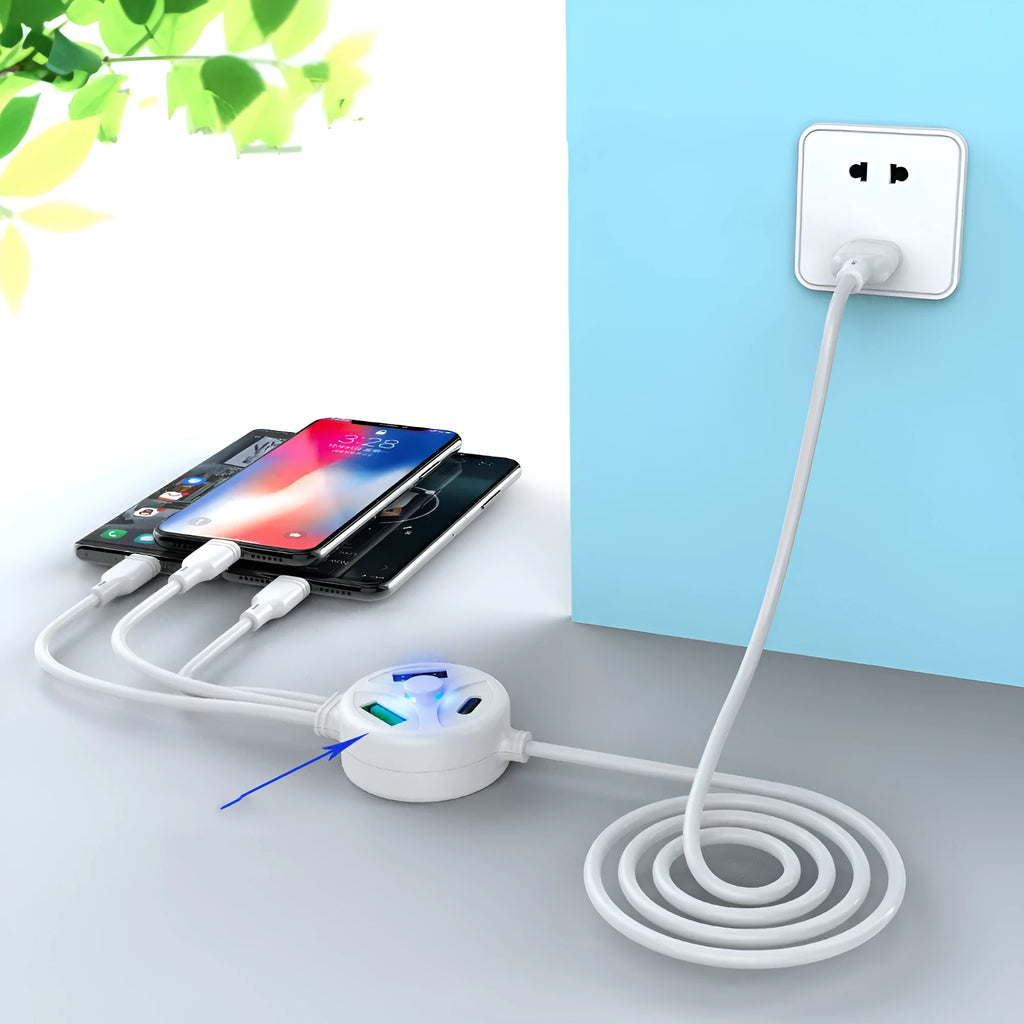 PDPVC 3-in-1 fast charging cable with USB, Mini USB, and Micro USB connectors on a 1.2m black cable.