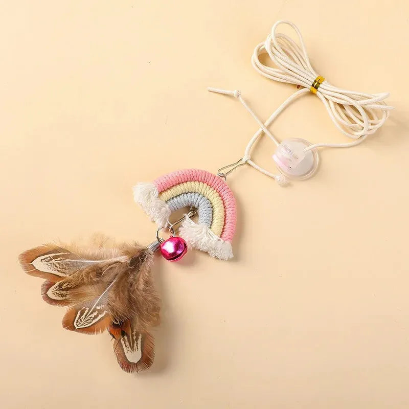 Cat door hanging toy with feather rope on elastic swing and sticky buckle clamp