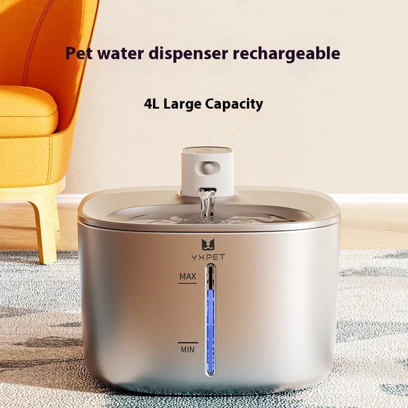 All stainless steel automatic pet water dispenser with 4 litre capacity and rechargeable battery