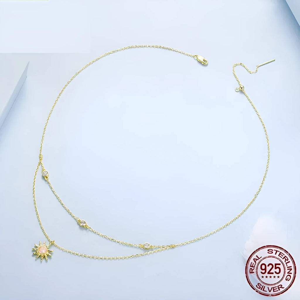 925 silver double-layer O-shaped chain necklace with sun motif pendant in gold opal finish