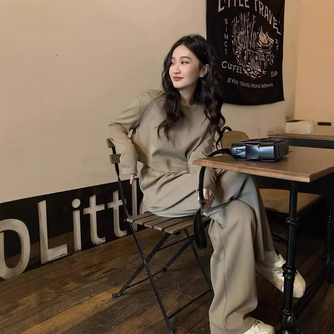 Women's khaki casual sports suit set with long sleeve top and trousers in a Japanese Korean style.