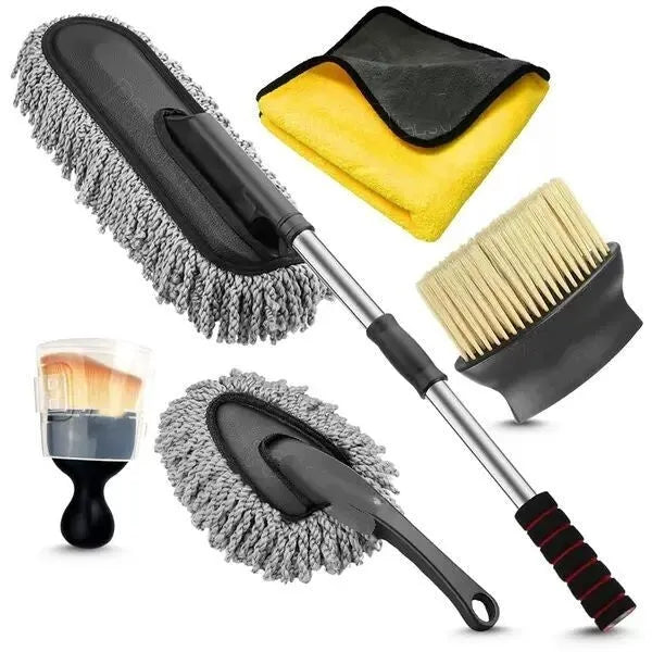Car dust collector with retractable handle and 5-piece microfibre dusting brush set for vehicle interior cleaning