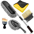 Car dust collector with retractable handle and 5-piece microfibre dusting brush set for vehicle interior cleaning