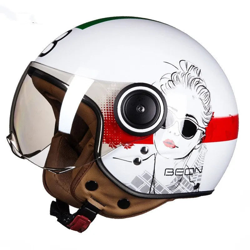 Retro-style half helmet for battery cars in bright blue and red colour combination showing ABS construction