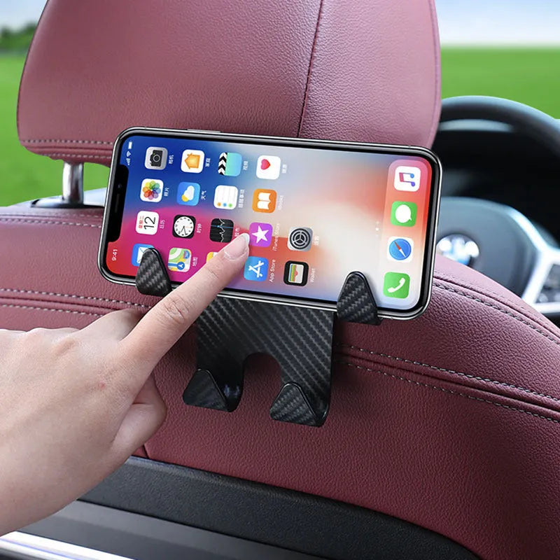 Black ABS car hook bracket with integrated mobile phone holder for rear seat organisation