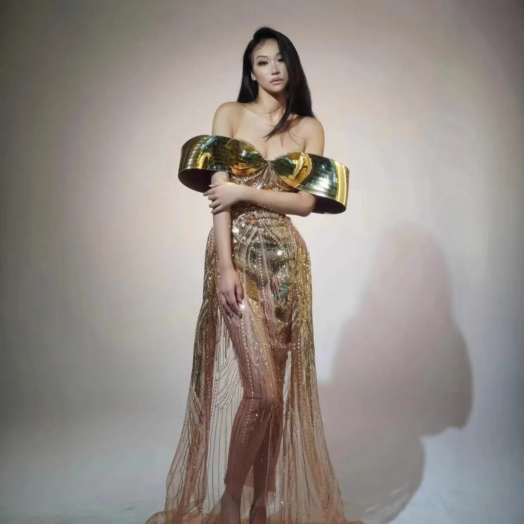 Gold strapless sequined dress with tulle skirt split, showing front and back views