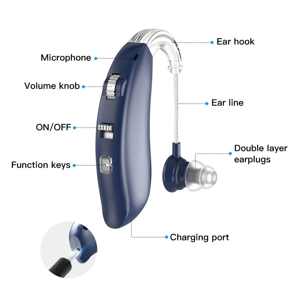 Digital Bluetooth hearing aid in skin colour with Type-C charging cable for elderly users