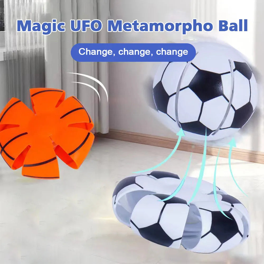 Transformable plastic dog ball toy that changes to flying disc, shown in orange colour