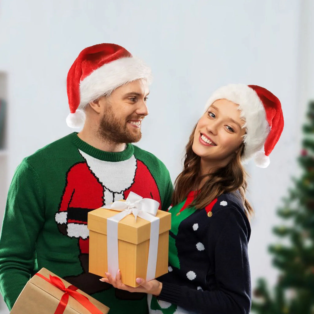 Red and white plush Santa hat with colour-changing LED lights and pom-pom detail
