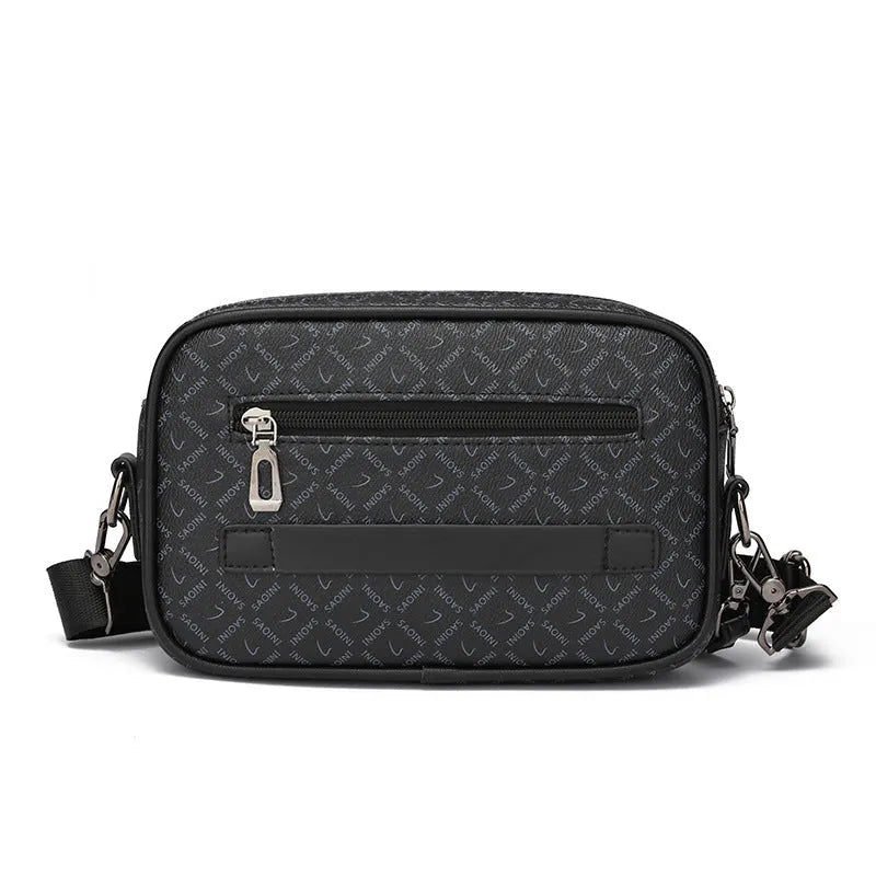 Men casual shoulder messenger bag horizontal large capacity PU geometric pattern in black colourway