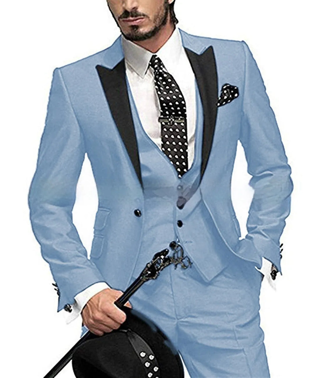 Black collar color block nylon three piece suit set with blazer vest and trousers for light business wear