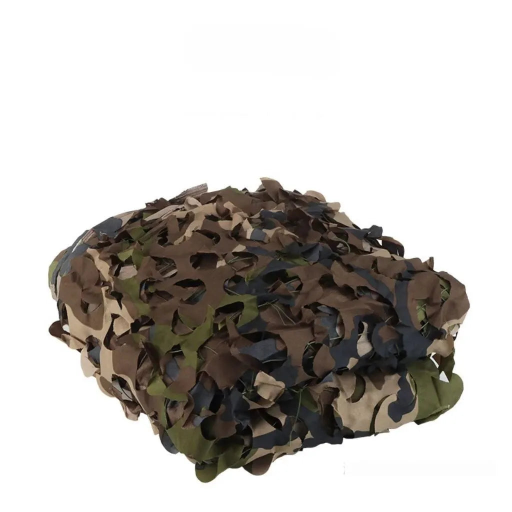 Green camouflage netting set unfolded, showing a mottled pattern, for camp sunshade and tactical cover.