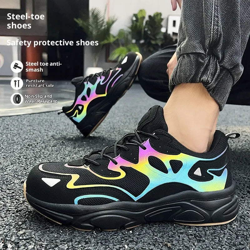 Steel head non-slip soft bottom breathable mesh shoes low top lace-up safety footwear in Black Illusion