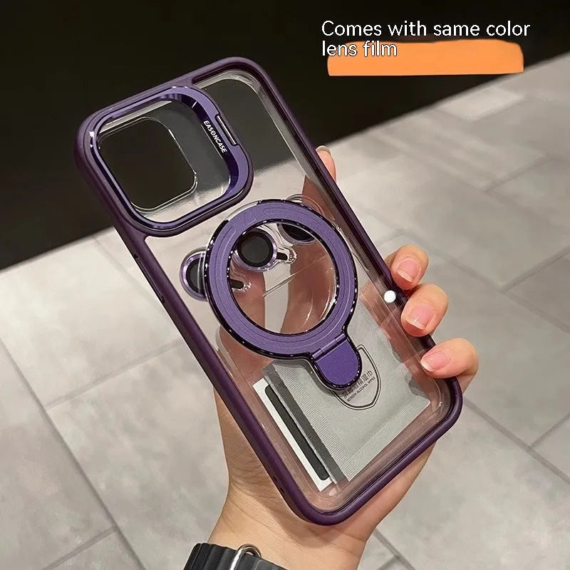 Magnetic suction lens cover bracket phone case for Apple iPhone in silicone, black, with invisible bracket