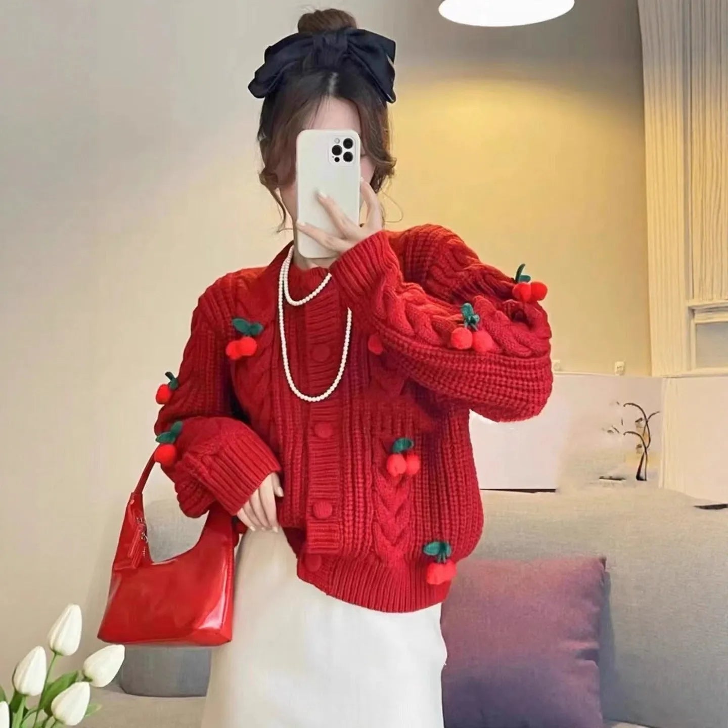 Cherry 3D pattern loose polyester sweater for women in pink colour with long sleeves and sweet Korean style