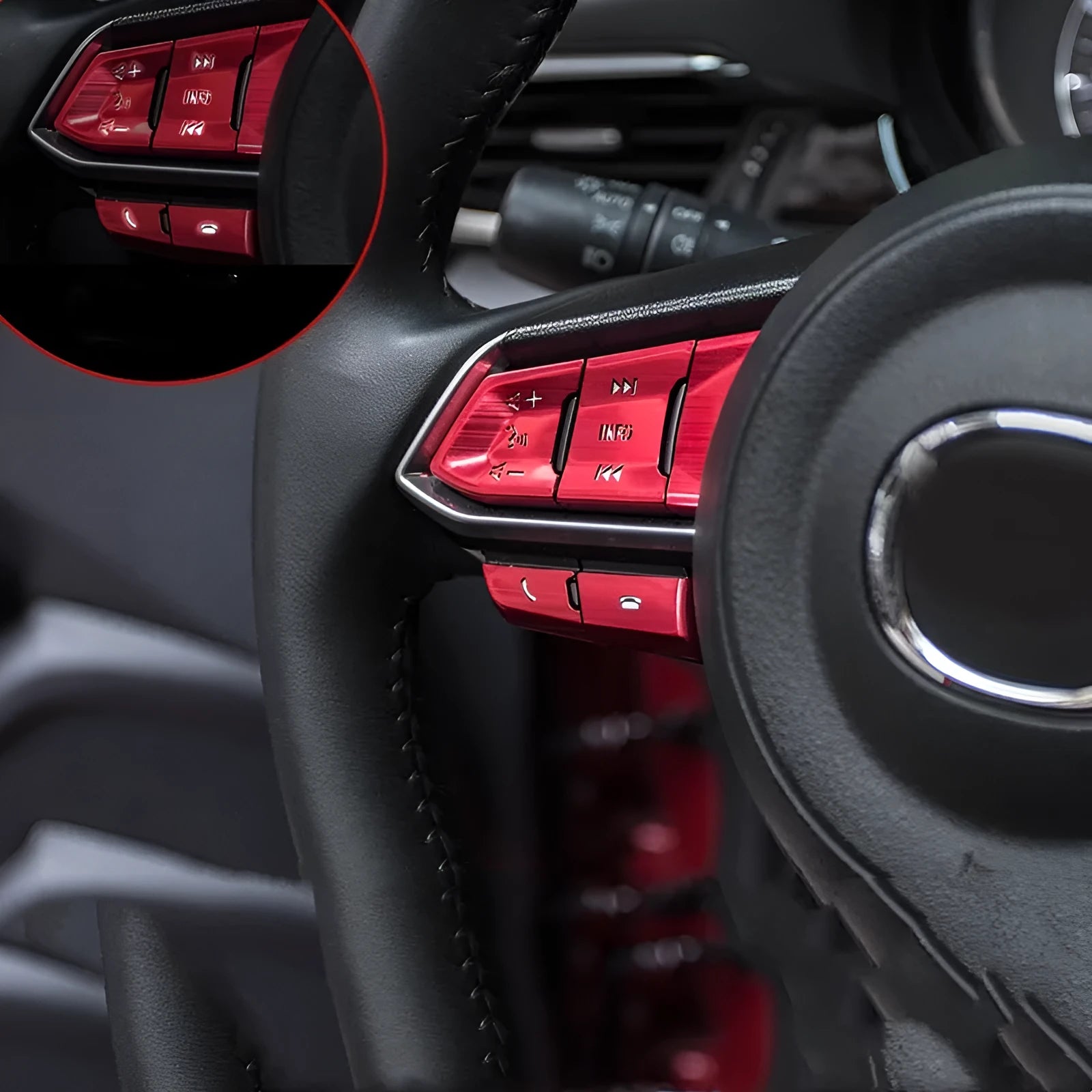 Eight aluminium alloy decorative stickers for car steering wheel in brushed red, silver, and blue finishes