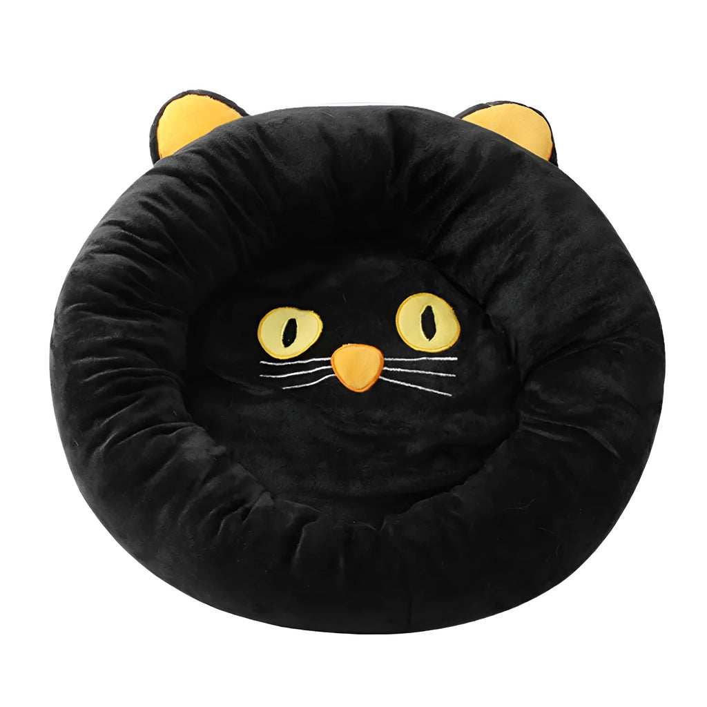 Black cat-shaped velvet pet nest bed with raised edges, shown in small and medium sizes.