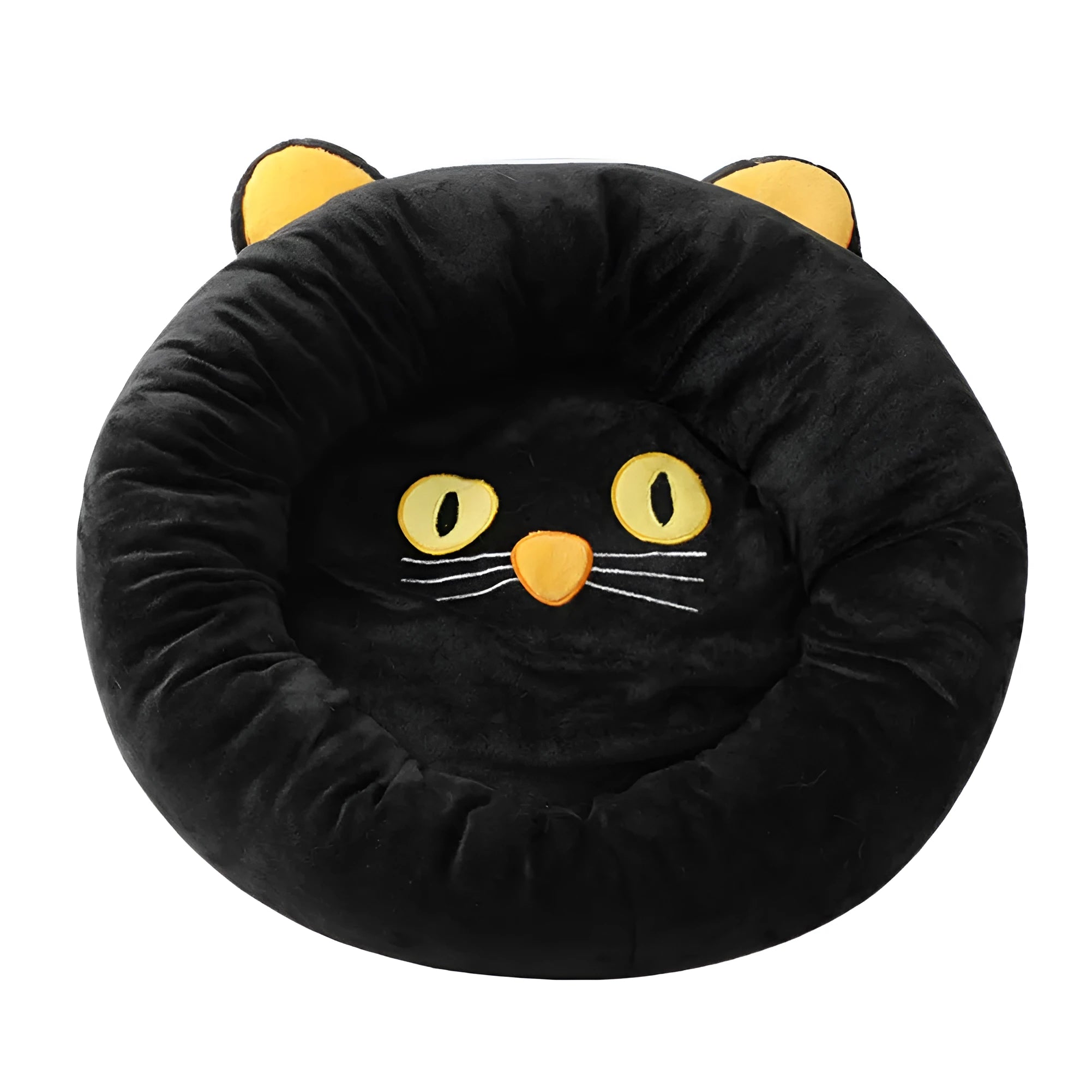 Black cat-shaped velvet pet nest bed with raised edges, shown in small and medium sizes.