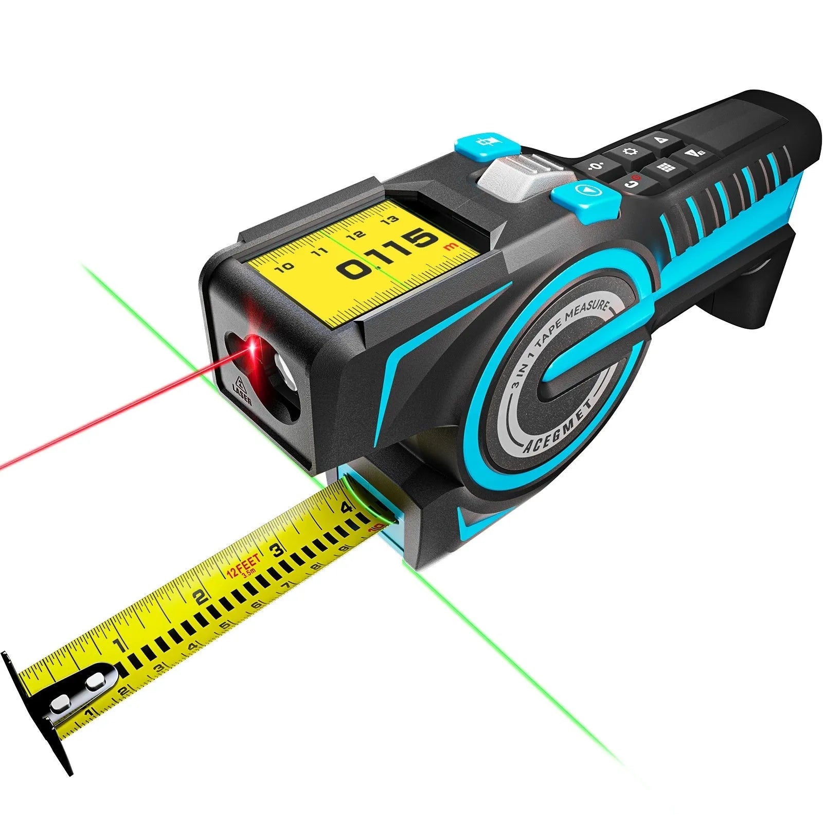 2-in-1 laser tape measure tool with 5m nylon coated blade and magnetic hook on a metal surface