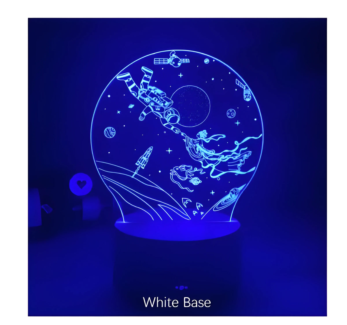 3D colourful touch night light with black base, USB power, seven colour settings, 87x87x42mm