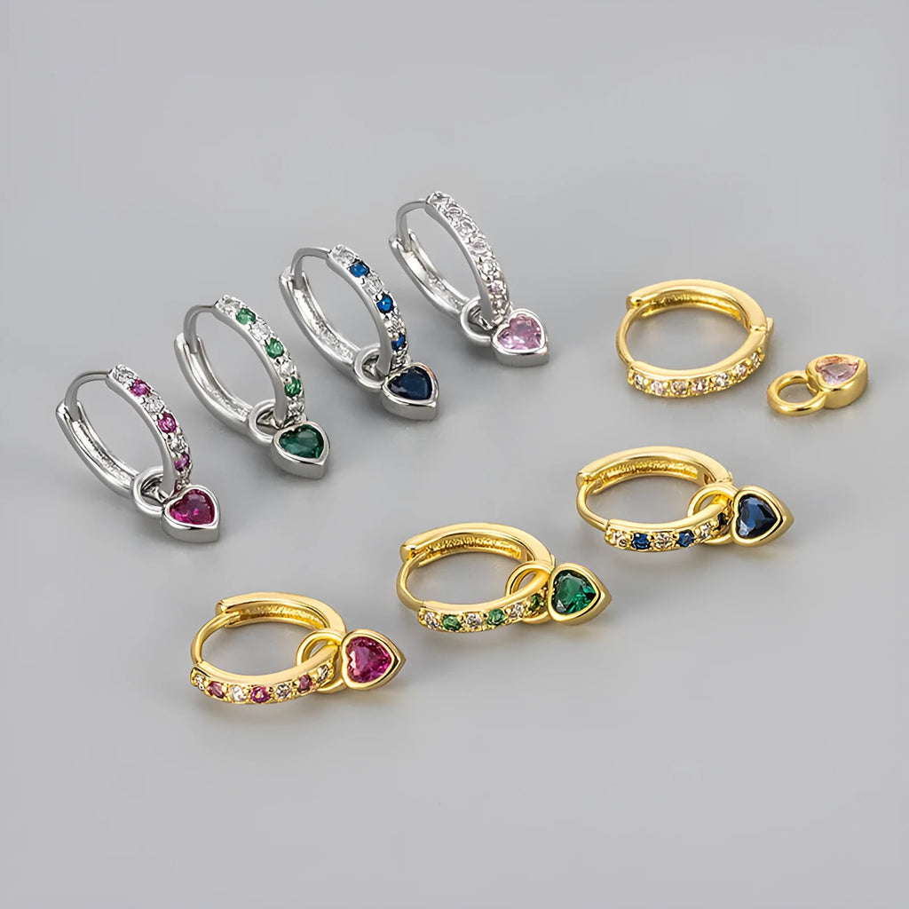 Women's zircon heart drop earrings with coloured stone in gold or white gold colour setting.