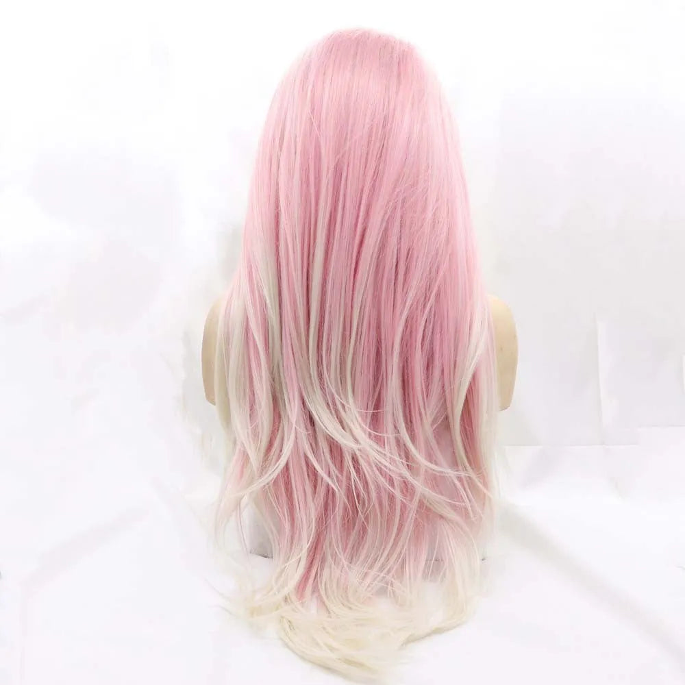 Pink gradient big wave fluffy wig on display stand showing layered synthetic hair