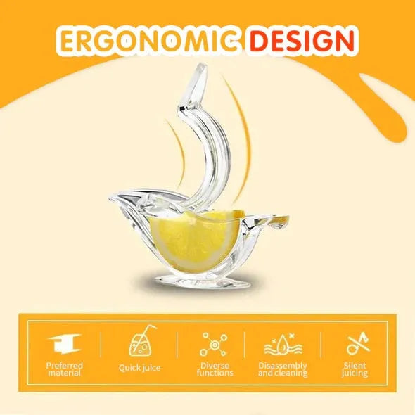 Transparent acrylic manual lemon juicer with bird-shaped press for squeezing citrus slices