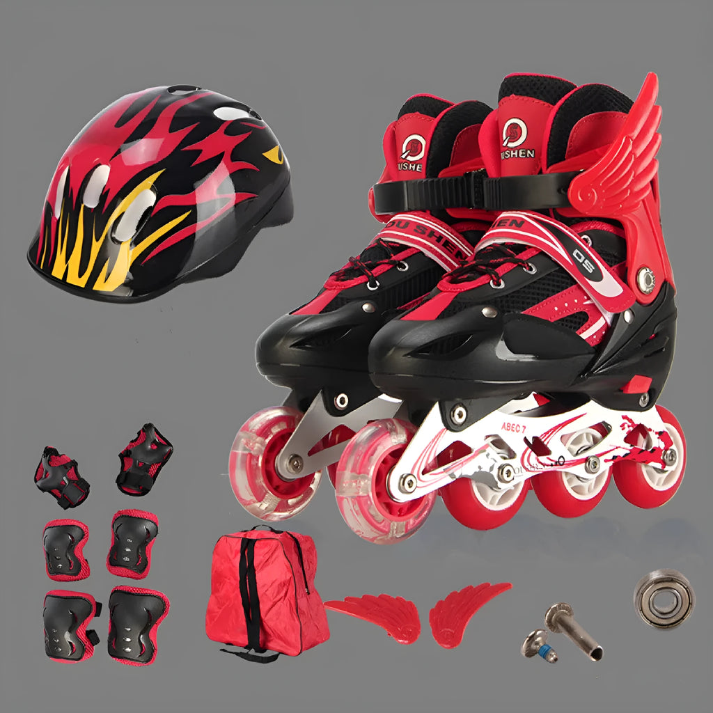 Children's adjustable PU roller skates in red with aluminium frame, shown with matching helmet, protective pads, and backpack.