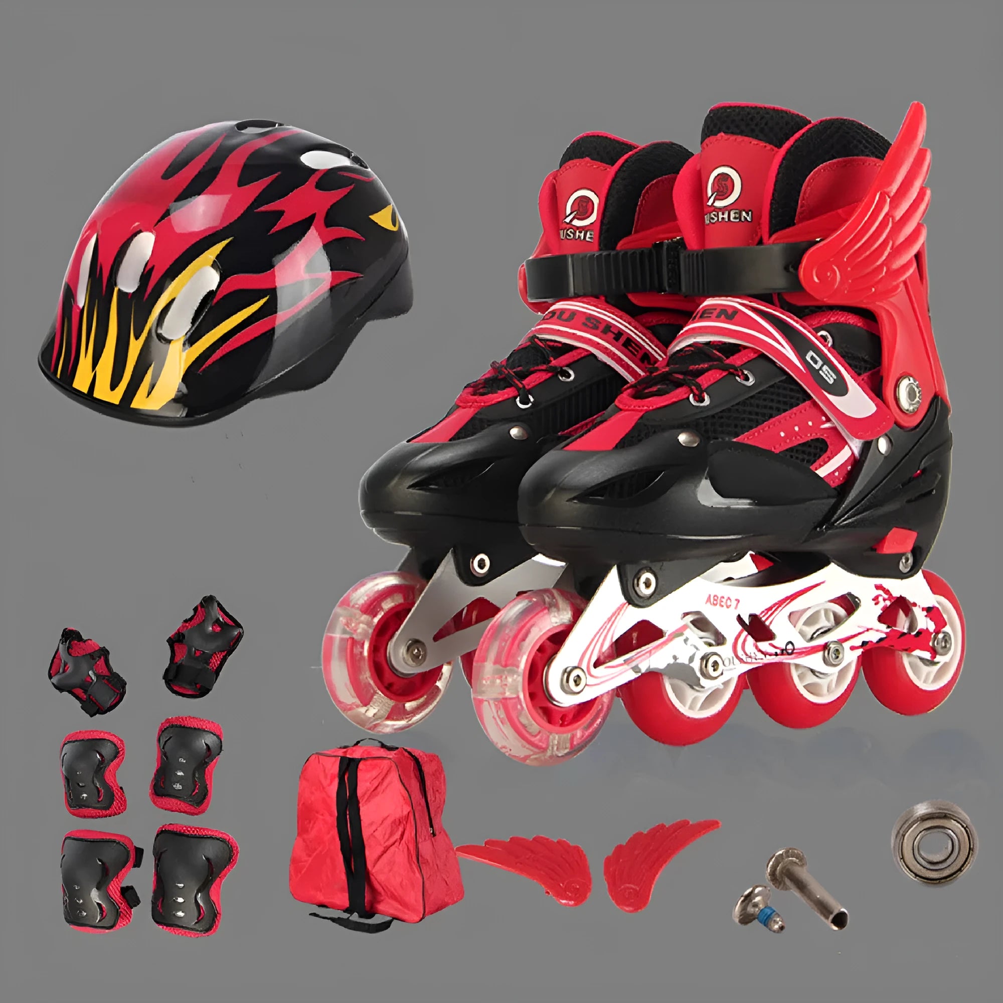 Children's adjustable PU roller skates in red with aluminium frame, shown with matching helmet, protective pads, and backpack.