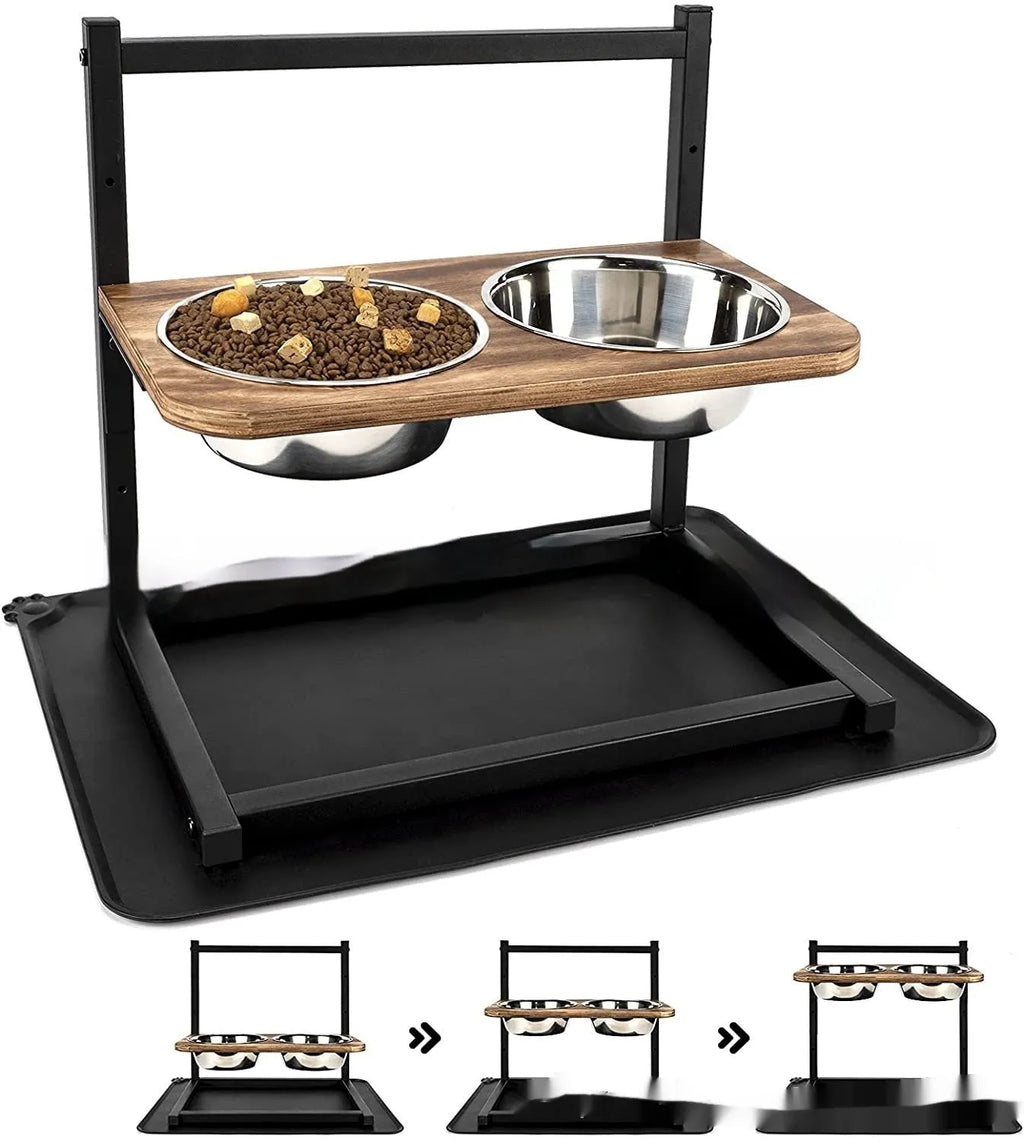 Black iron two-tier dog bowl rack stand with food and water bowl positions