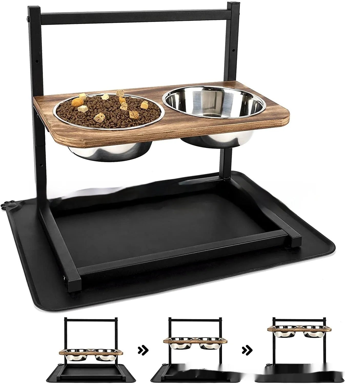 Black iron two-tier dog bowl rack stand with food and water bowl positions