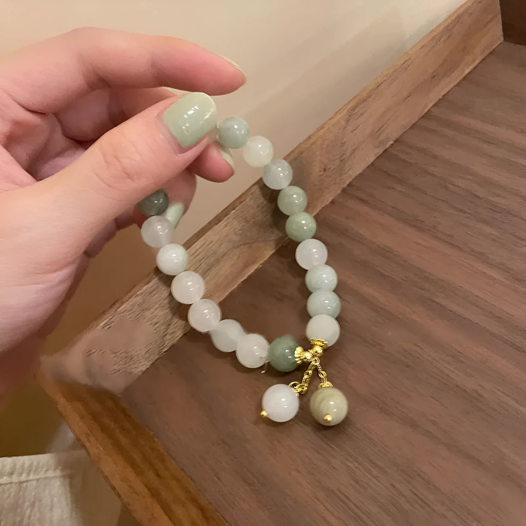 White rice-shaped bead bracelet for women, handmade multi-layer ethnic style with round beads