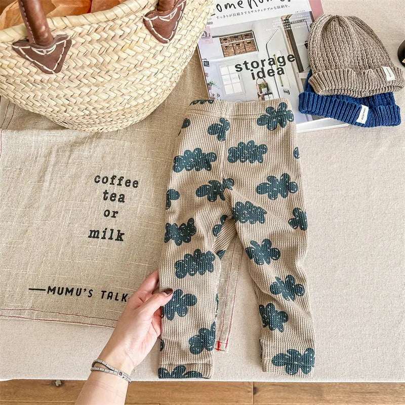 Girls winter fleece-lined cotton leggings in khaki, high waist elastic, size for 100cm height