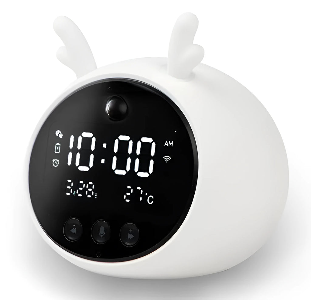 Silicone smart alarm clock with voice control and human body induction, shown in a white deer style.