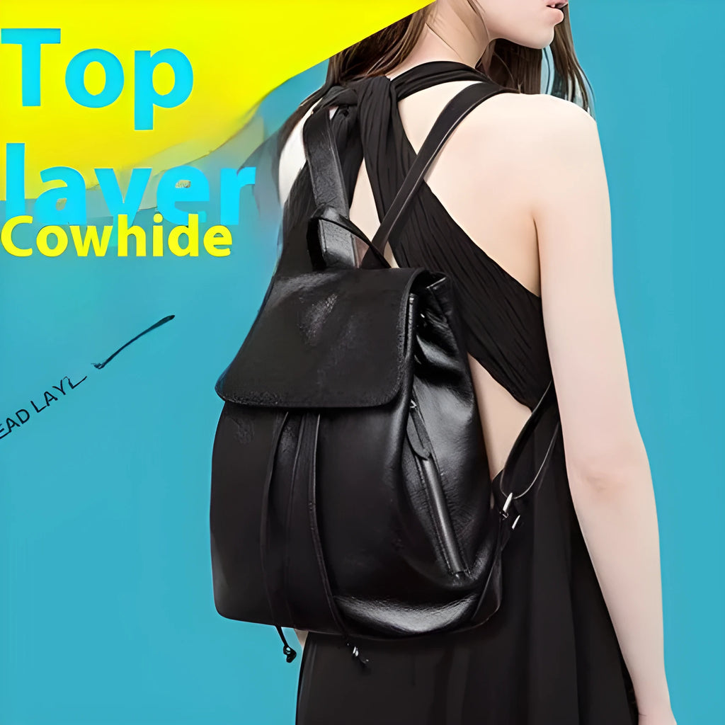 Black Korean-style genuine leather women's backpack with multiple interior compartments and street fashion design