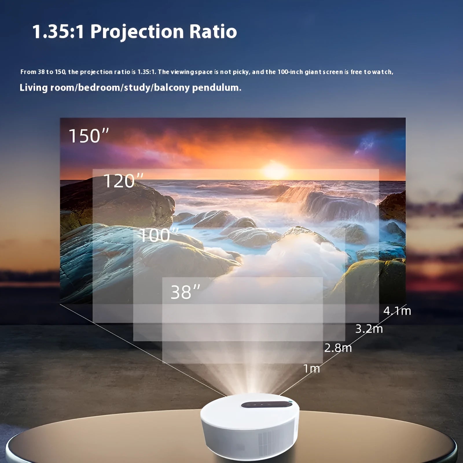 White HD home theatre projector with remote control on a wooden table.