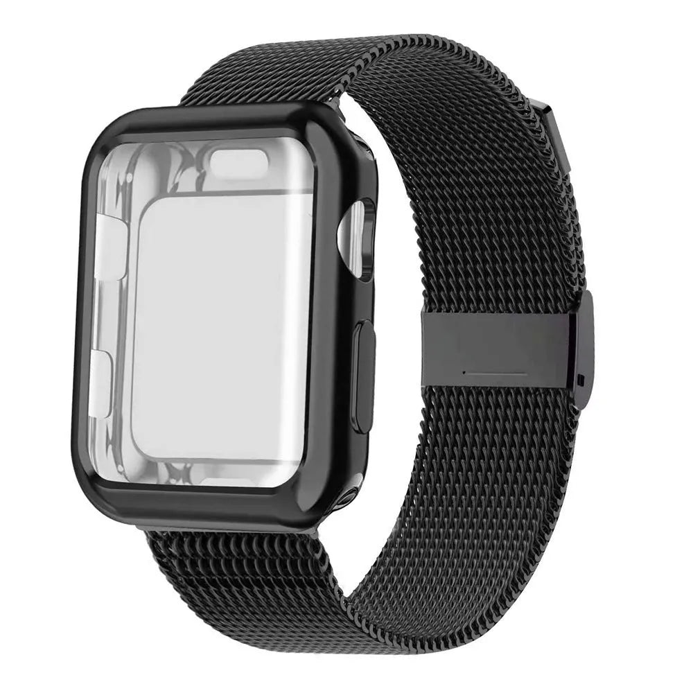 Silver Milanese loop metal strap with magnetic clasp attached to an Apple Watch on a wrist.