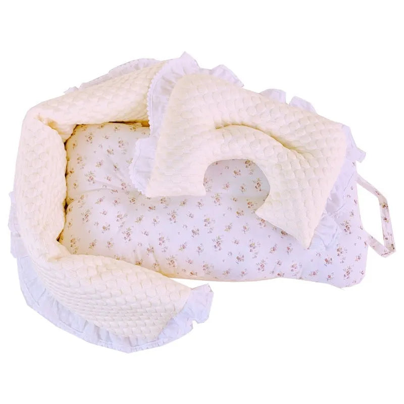 Pure cotton pet stroller pad set with removable towel, cushion, and pillow in a floral pattern.