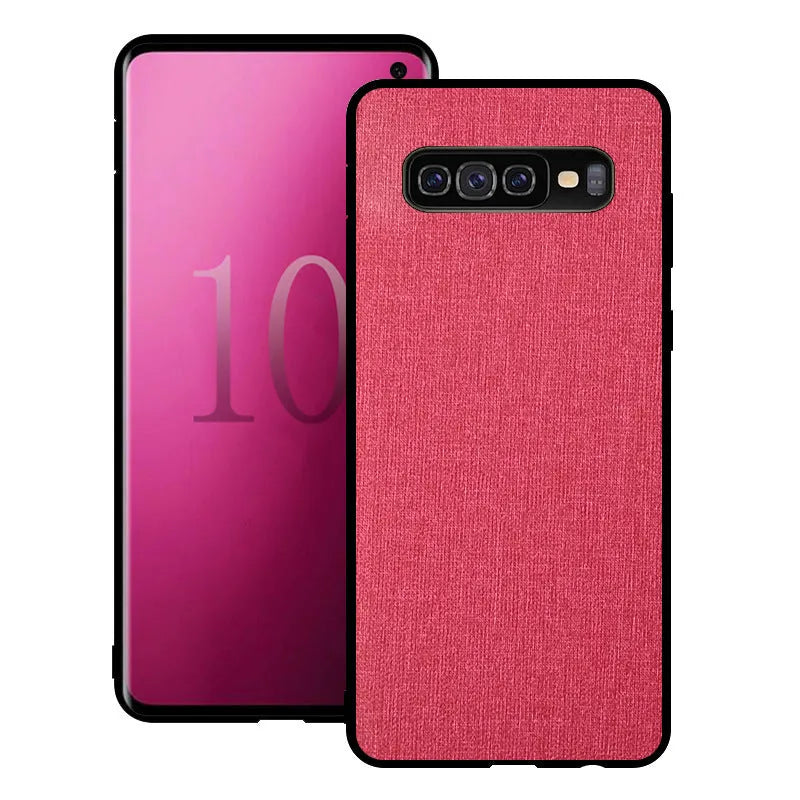 Canvas patterned mobile phone case for Samsung Galaxy models on a table.