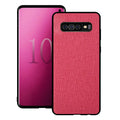 Canvas patterned mobile phone case for Samsung Galaxy models on a table.