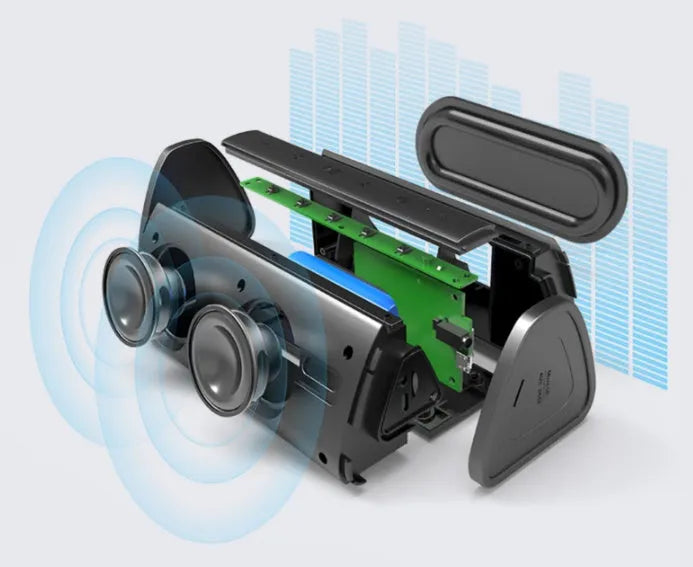 Black Bluetooth waterproof outdoor speaker with 10W subwoofer, 152x66x64mm, on a neutral background