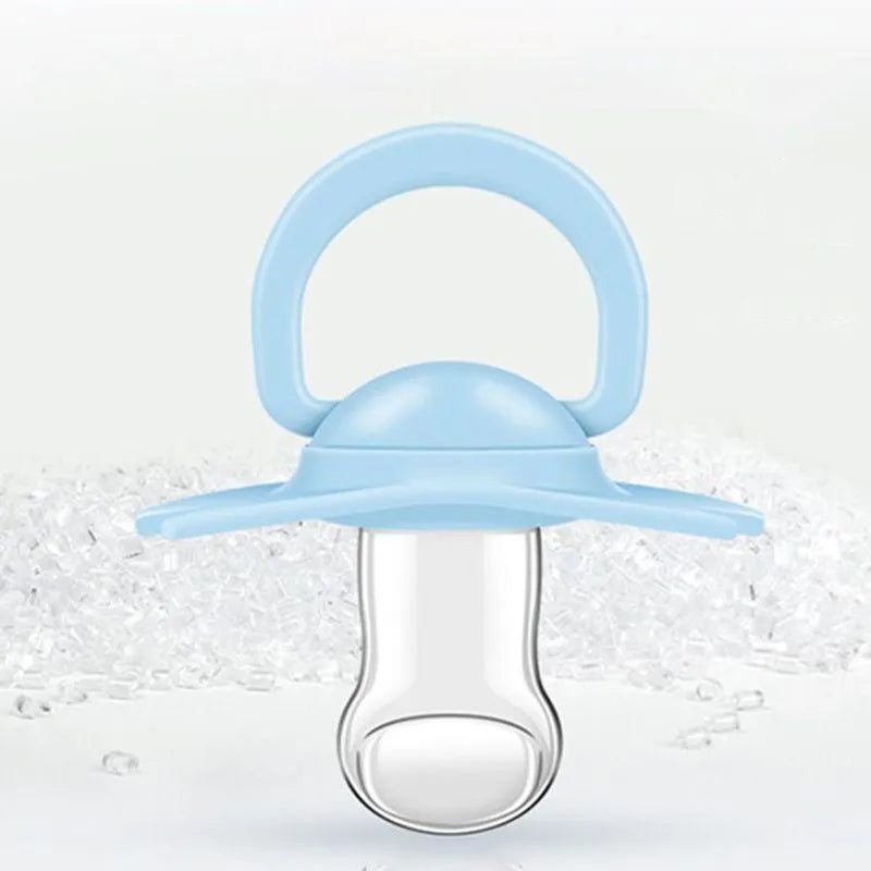 Soft silicone baby pacifier in beige on white background, size S, box packaging