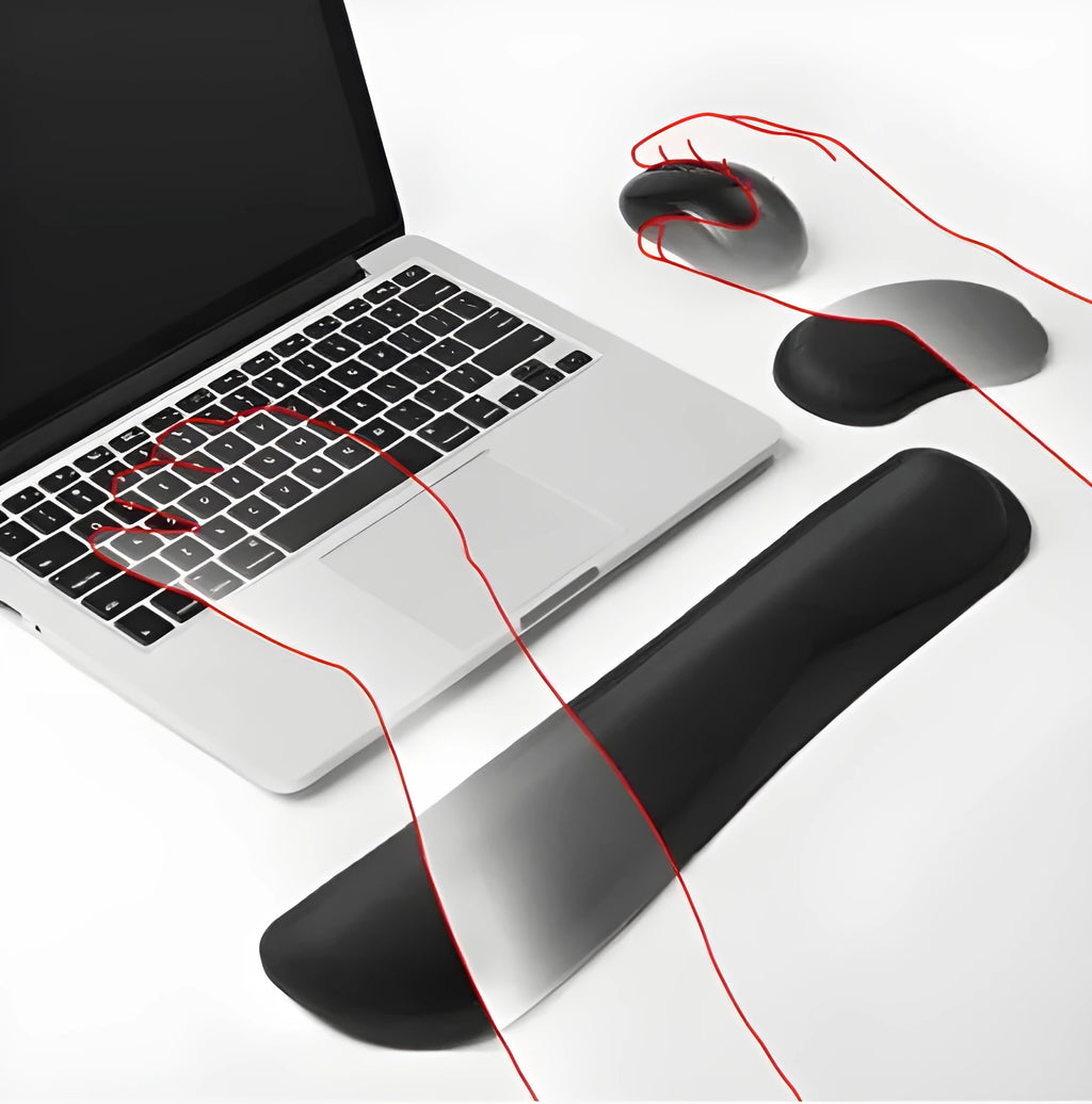 Black ergonomic wrist rest set with memory foam, non-slip natural rubber base, keyboard and mouse pads on desk