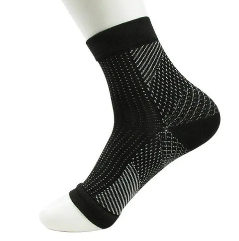 Nylon anti fatigue compression foot sleeve ankle support with straps and heel hole, in black, white or red.