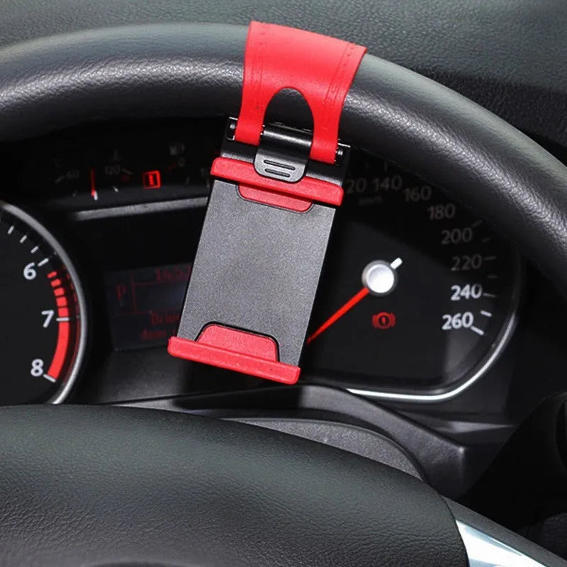 Universal car steering wheel clip mount holder for mobile phones in black and red colours