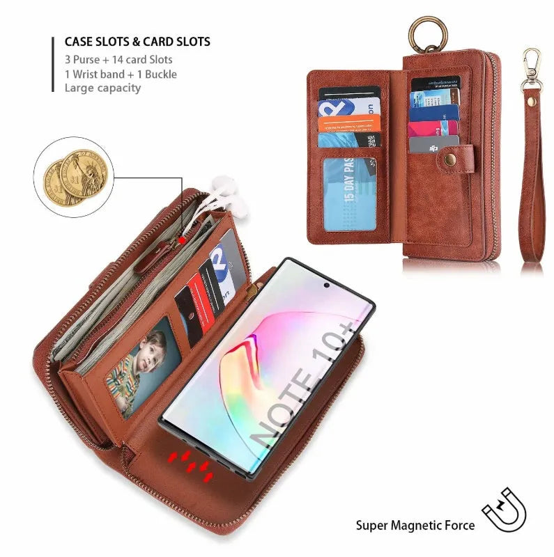 Black PU leather zipper wallet case open to show phone slot and card holders for a Samsung Galaxy phone.