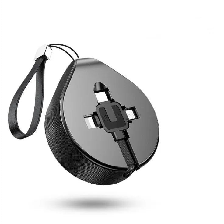 Telescopic three-in-one fast charging data cable extended to 1 metre length with retractable mechanism