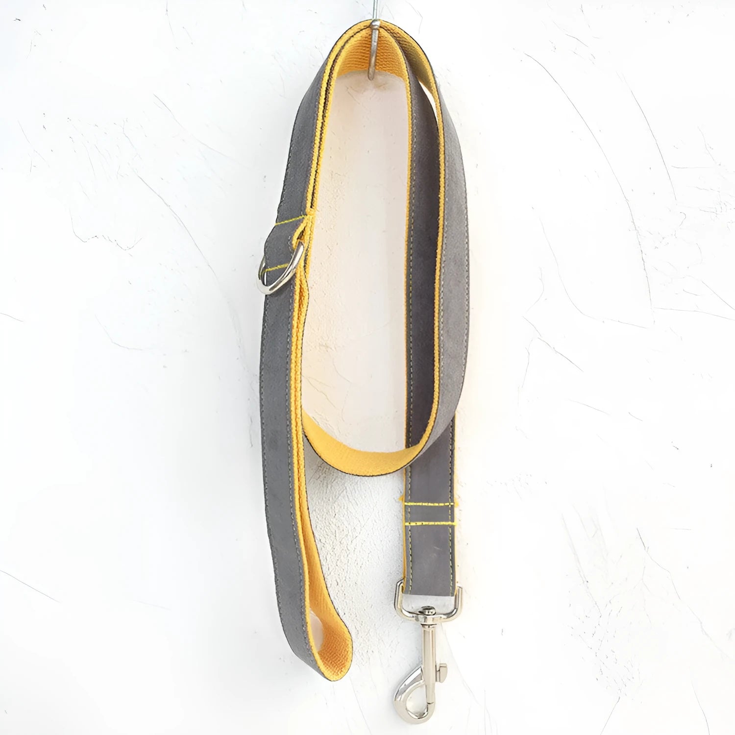 Grey and yellow polyester dog leash on plain background, available in multiple sizes from XS to XL